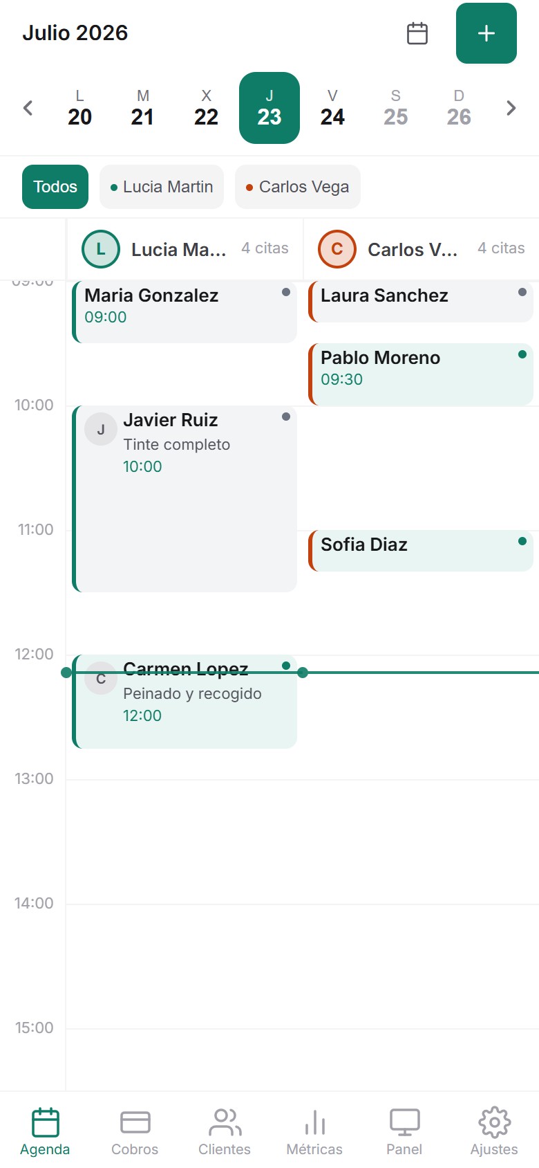 Agenda del día de un negocio en Nitidy, con citas por profesional
