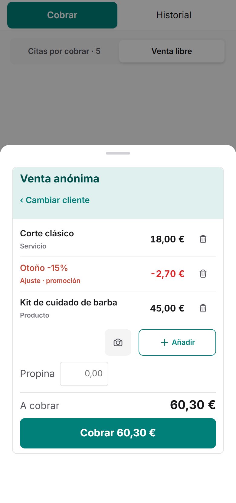Ticket de cobro en el móvil con un servicio y un producto