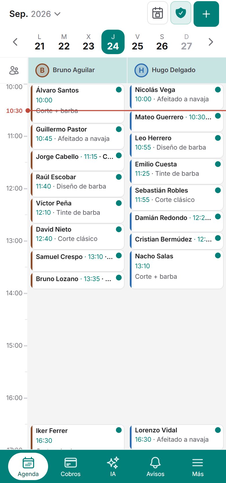 Agenda del día de un negocio vista en el móvil, con la barra inferior de secciones