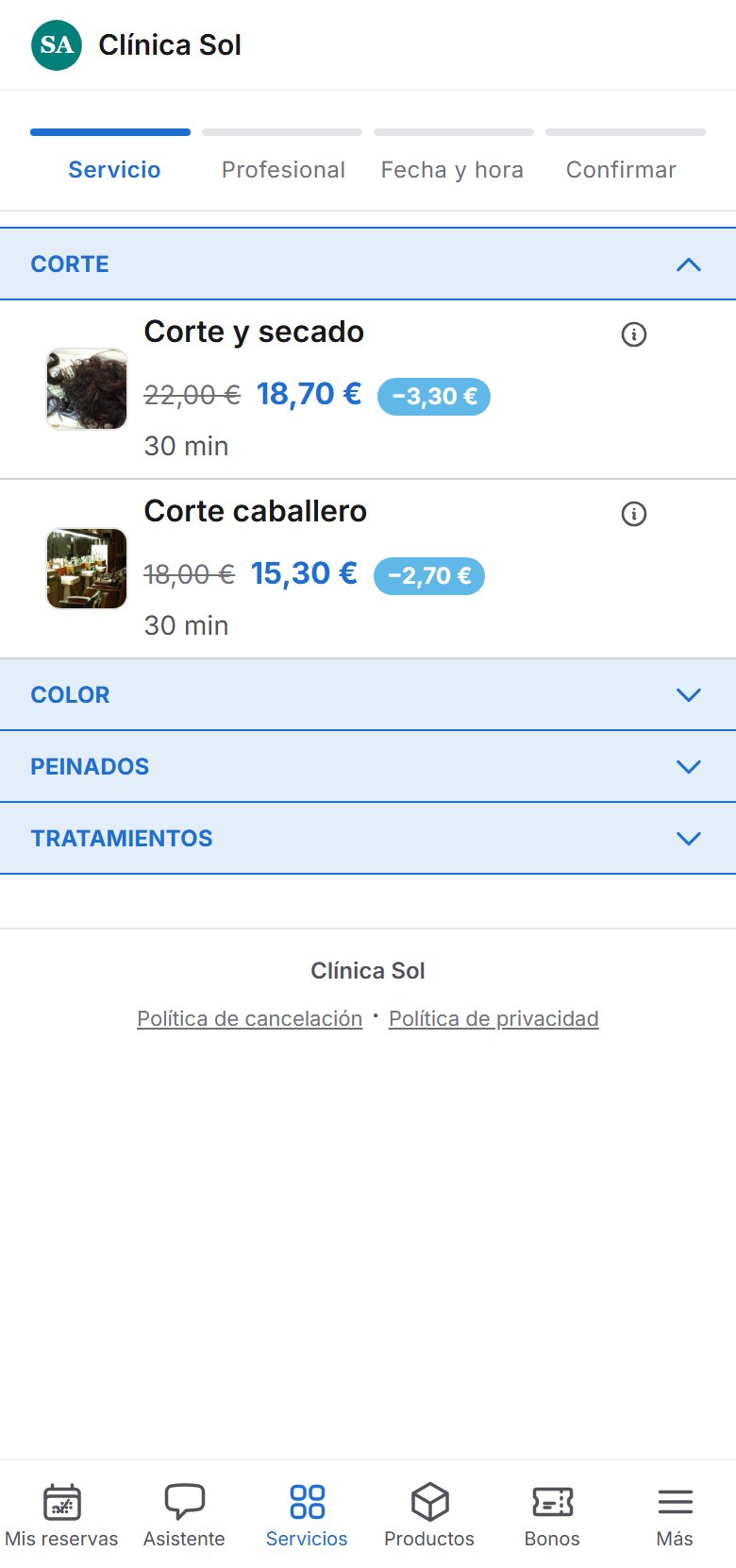 Reserva pública con la marca de Clínica Sol