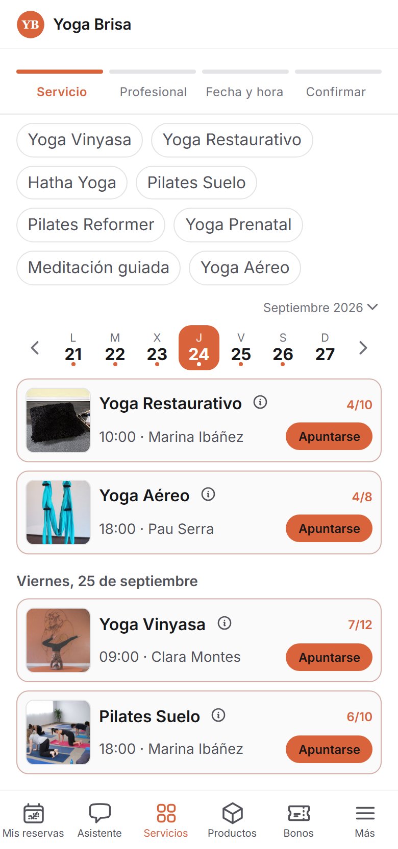 Cliente eligiendo una clase con plazas disponibles desde su móvil
