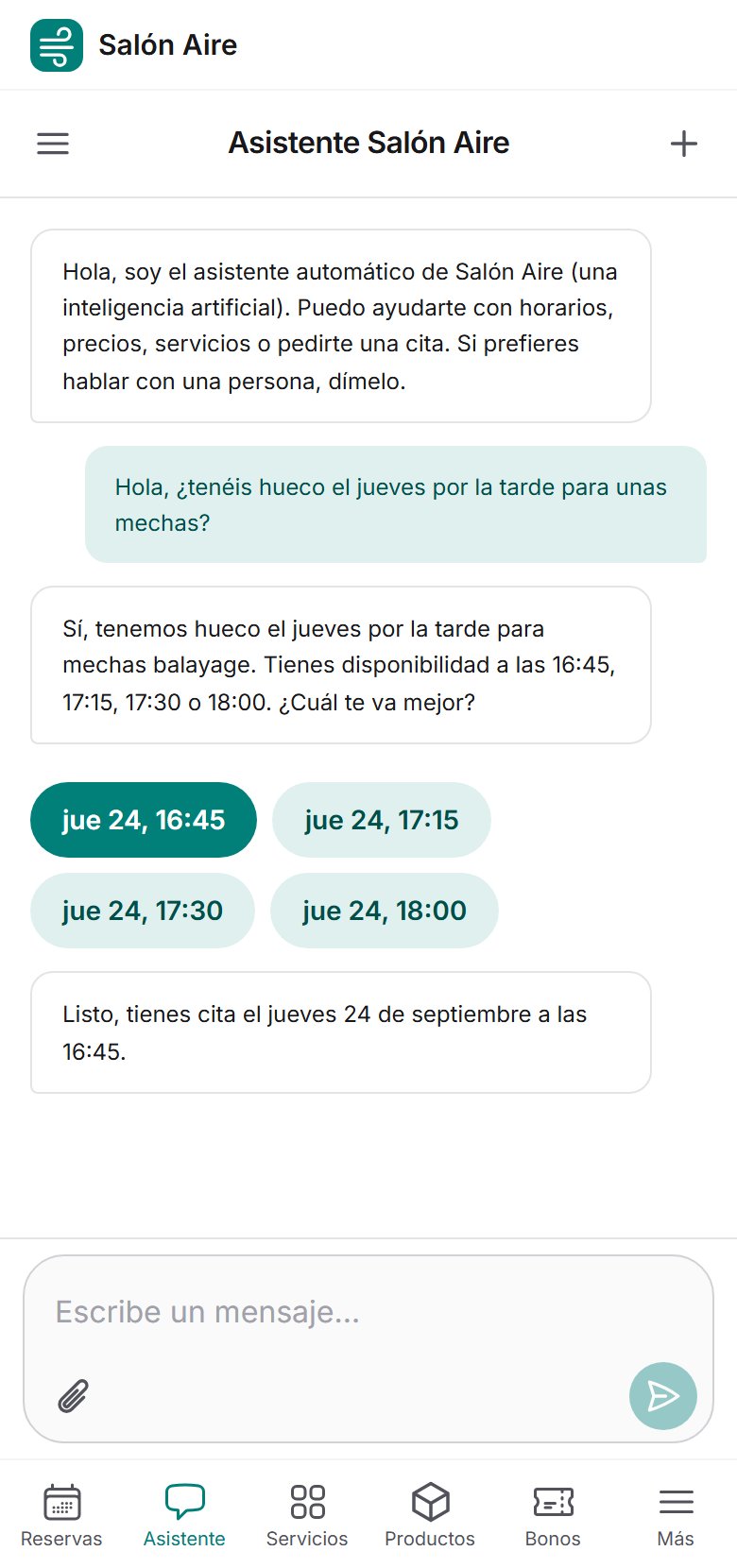 Conversación real con el asistente de IA del negocio